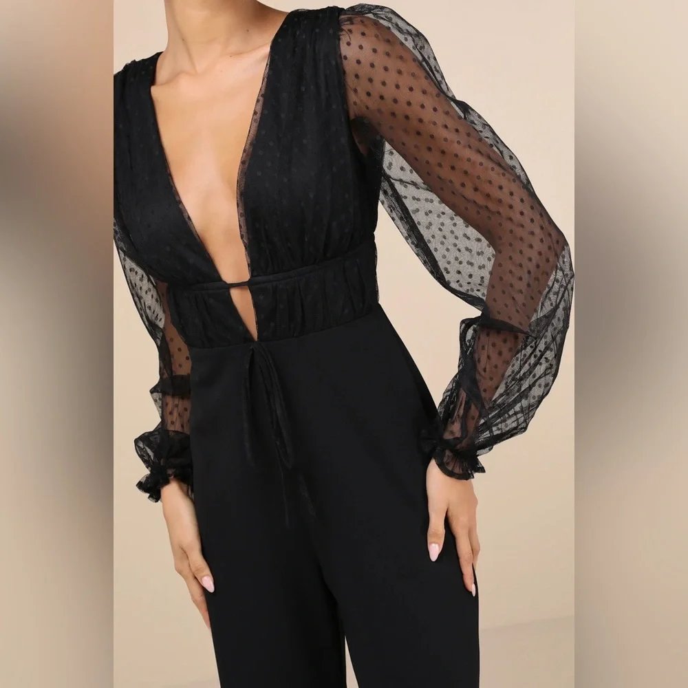 Lulus NWT “Sweet Twist” Black Swiss Dot Tulle Long Sleeve Jumpsuit. Size Small. - Picture 10 of 11